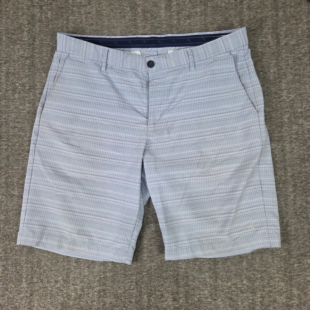 Tommy Bahama Mens Plaid Golf Shorts Size 36 Blue Polyester Spandex Flat Front